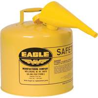 Bidon de s&eacute;curit&eacute; pour le diesel avec entonnoir, Type I, Acier galvanis&eacute;, 5 gal. US, Jaune, Homologu&eacute; FM/List&eacute; UL/ULC St. Lawrence Industrial & Safety Supply